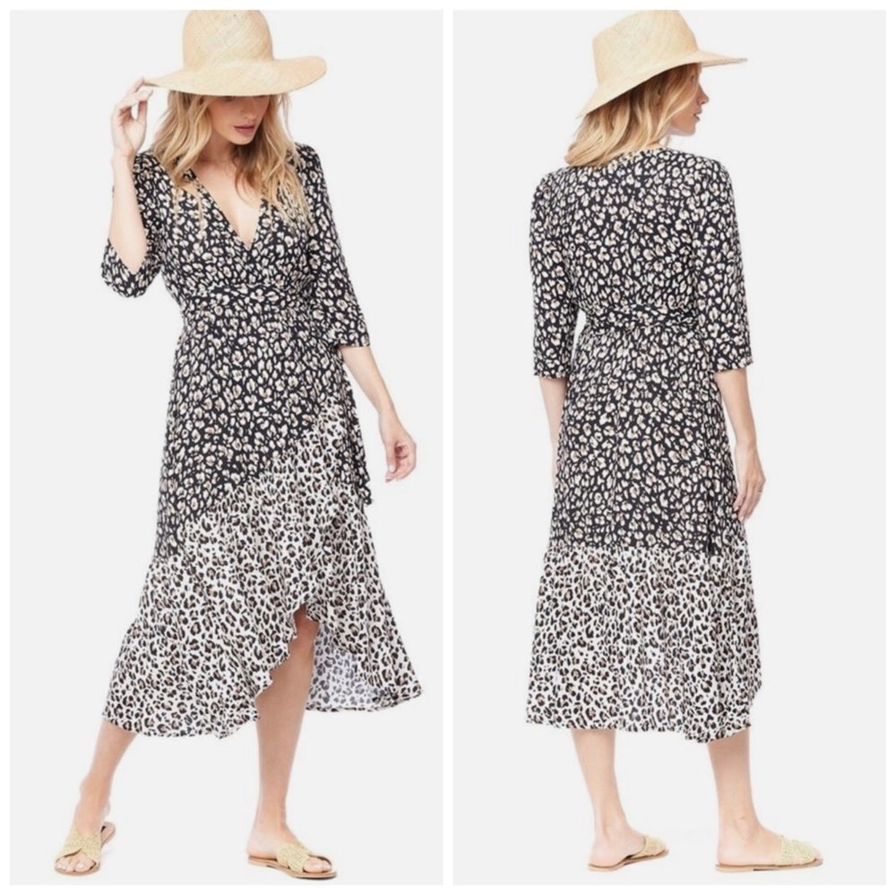 •SALTWATER LUXE• Mikey Midi Wrap Dress‎ in Black & Shell Neutral Print Size XS